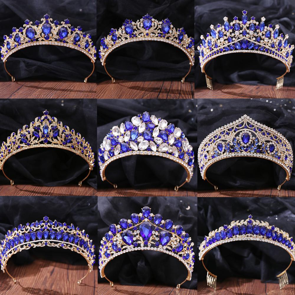 DIEZI Baroque Sweet Blue Crystal Crown Bride Tiara For Women Wedding Elegant Princess Headpiece Hair Zircon Punk Accessories