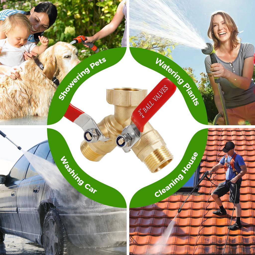 Hose Splitter 2 Way Brass Garden Hose Splitter with Long Handle Outdoor Full Flow Hose Splitter Connector,Y Valve 3/4 Inch GHT