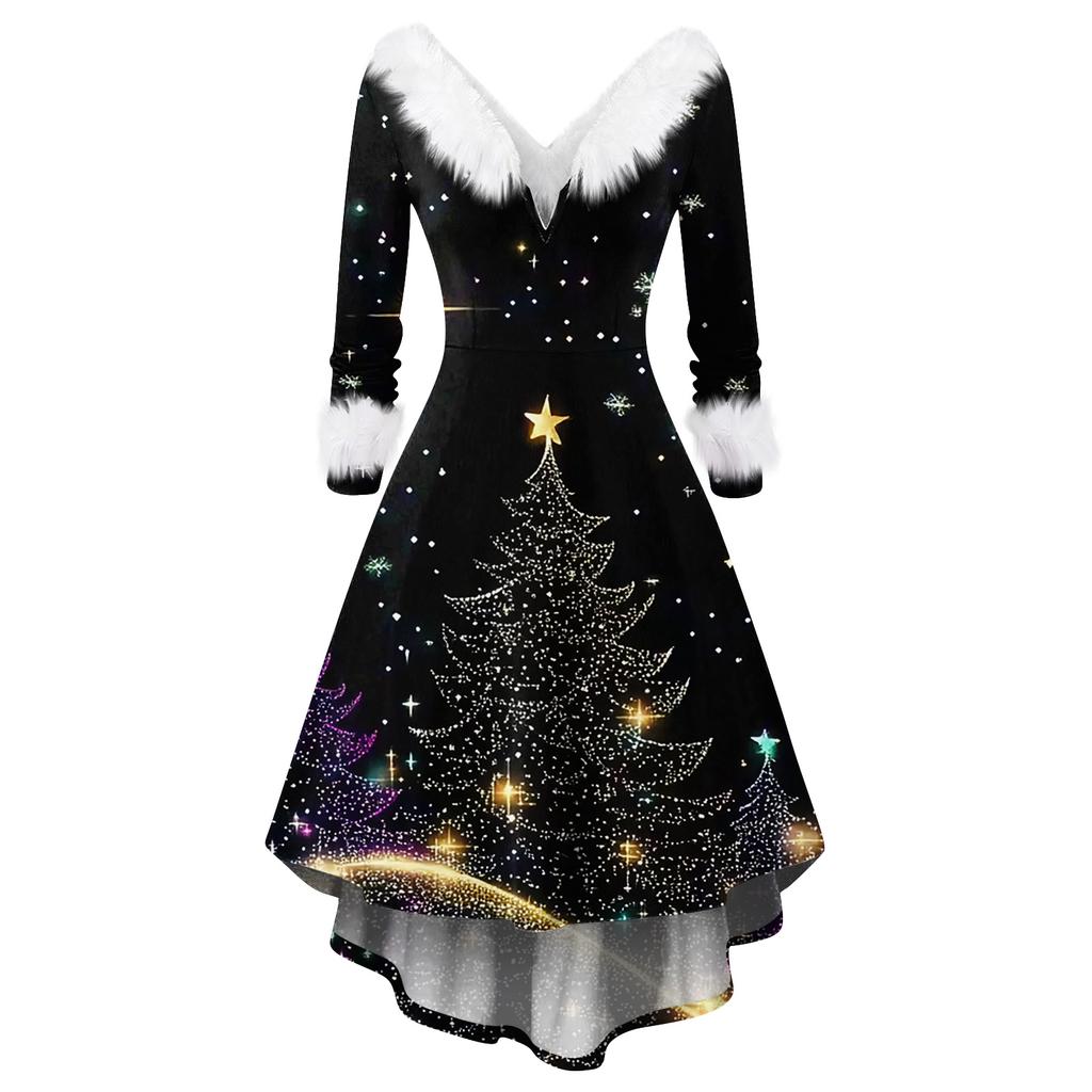 Dámské módní ležérní přiléhavé šaty s vánočním potiskem na párty s dlouhým rukávem