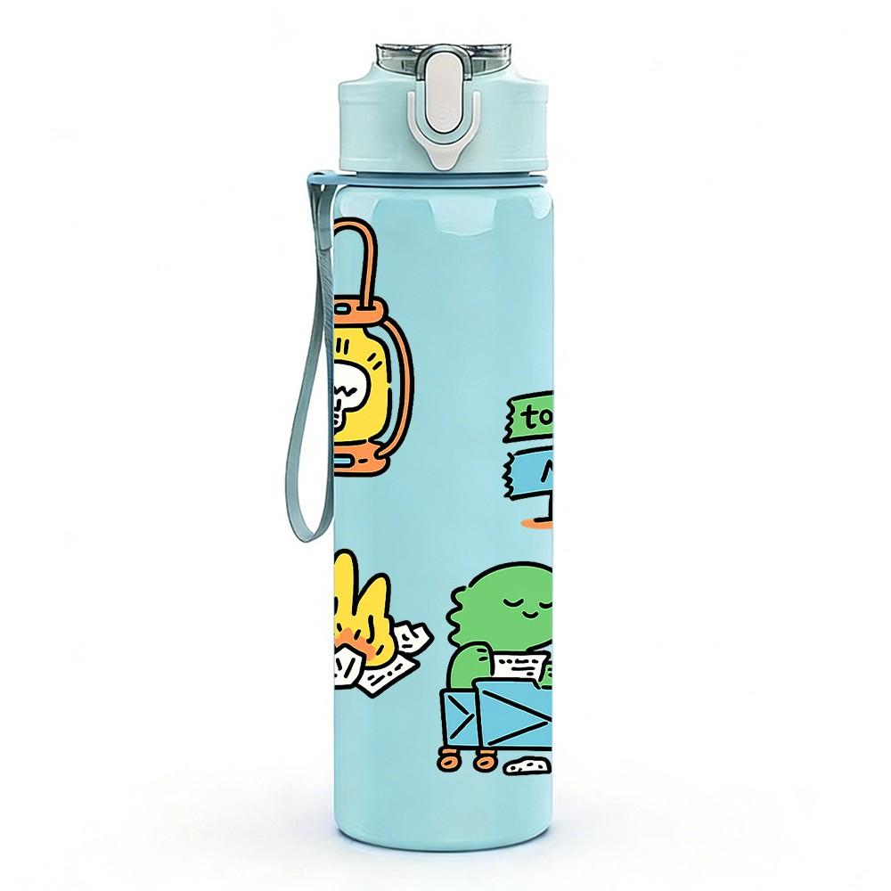 1PC Tool Box Plant Cartoon Print 750ml Color Plastic Sports Water Bottle Leakproof Flip Straw Lid Suitable for Sports Office Home Use