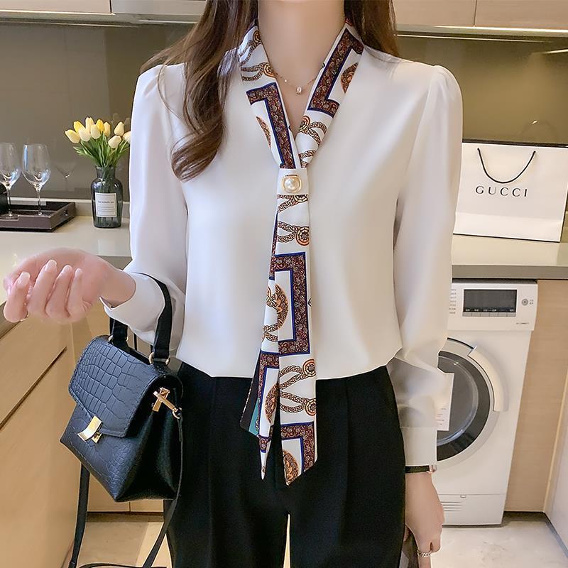 2026 Spring and Autumn Women s Casual Blouse with Elegant Tie Design Chiffon Shirt S белый