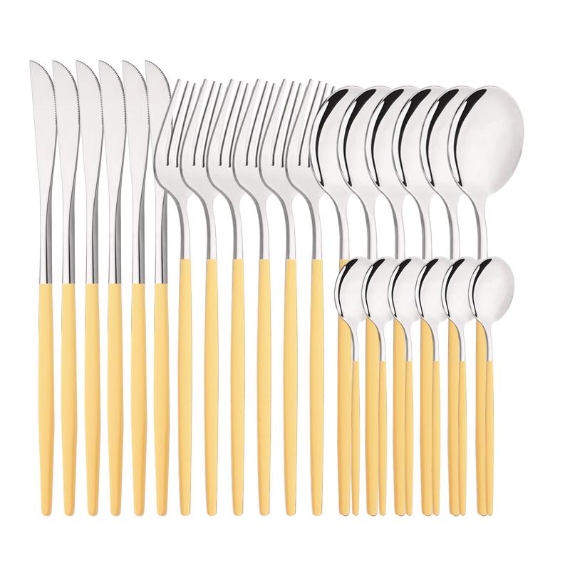 6People Luxury Gold Dinnerware Set Stainless Steel Tableware Set Knife Fork Spoon Flatware Cutlery Set Silverware Bright Light