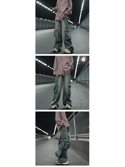 Men's American Retro Washed Wide-Leg Jeans with Big Pockets - Loose Straight-Leg Workwear Pants for Spring & Autumn.