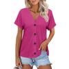 Women Fashion Short Sleeve V Neck Solid Button Down Casual T Shirt