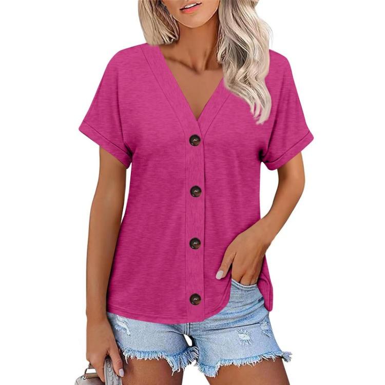 Women Fashion Short Sleeve V Neck Solid Button Down Casual T Shirt