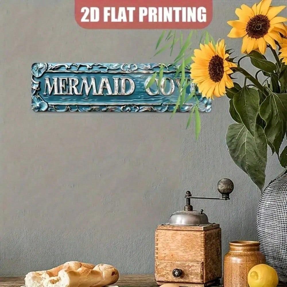 Vintage Meerjungfrau Metall Wandschild, Küsten Strandhaus Blau Florales Dekor für Wohnzimmer Badezimmer Küche