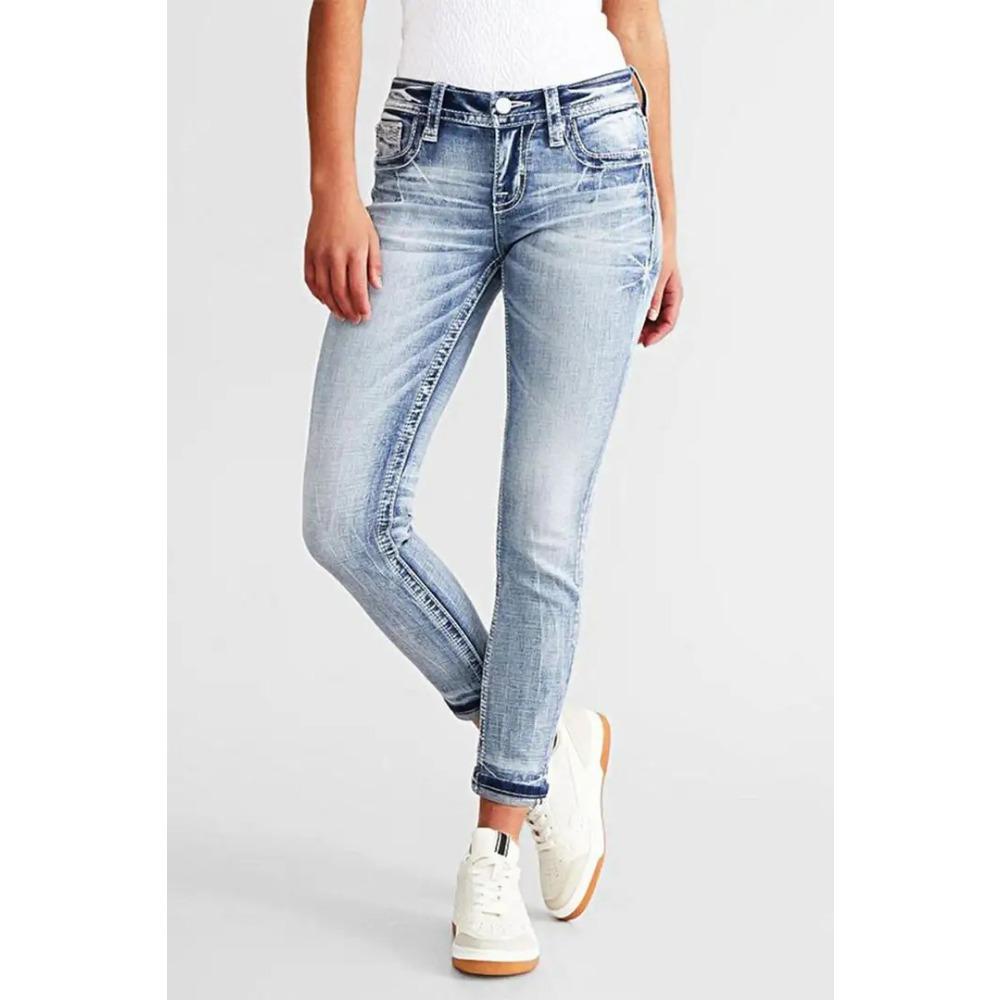 

GMXIA Женские облегающие джинсы Stretch Slim All Embroidered, брюки Small Leg S светло-синий