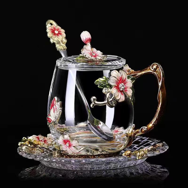 Household Enamel Colored Flower Glass Water Cup Round Coffee Cup Breakfast Milk Juice Cup