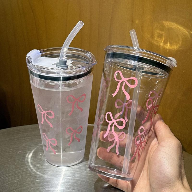 1PC Bow Printed Plastic Water Bottle with Straw and Lid Coffee Cup Tumbler Beverage Transparent Cold Drinks Beverage DrinkingCup