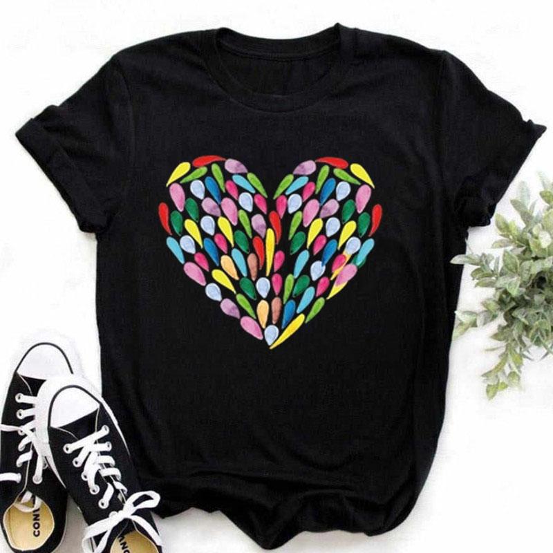 Maycaur New Finger Heart T Shirt Mulheres Tops Coreano Ulzzang Graphic Tees Moda Feminina Camisetas Femininas 90s Meninas Camisa Preta