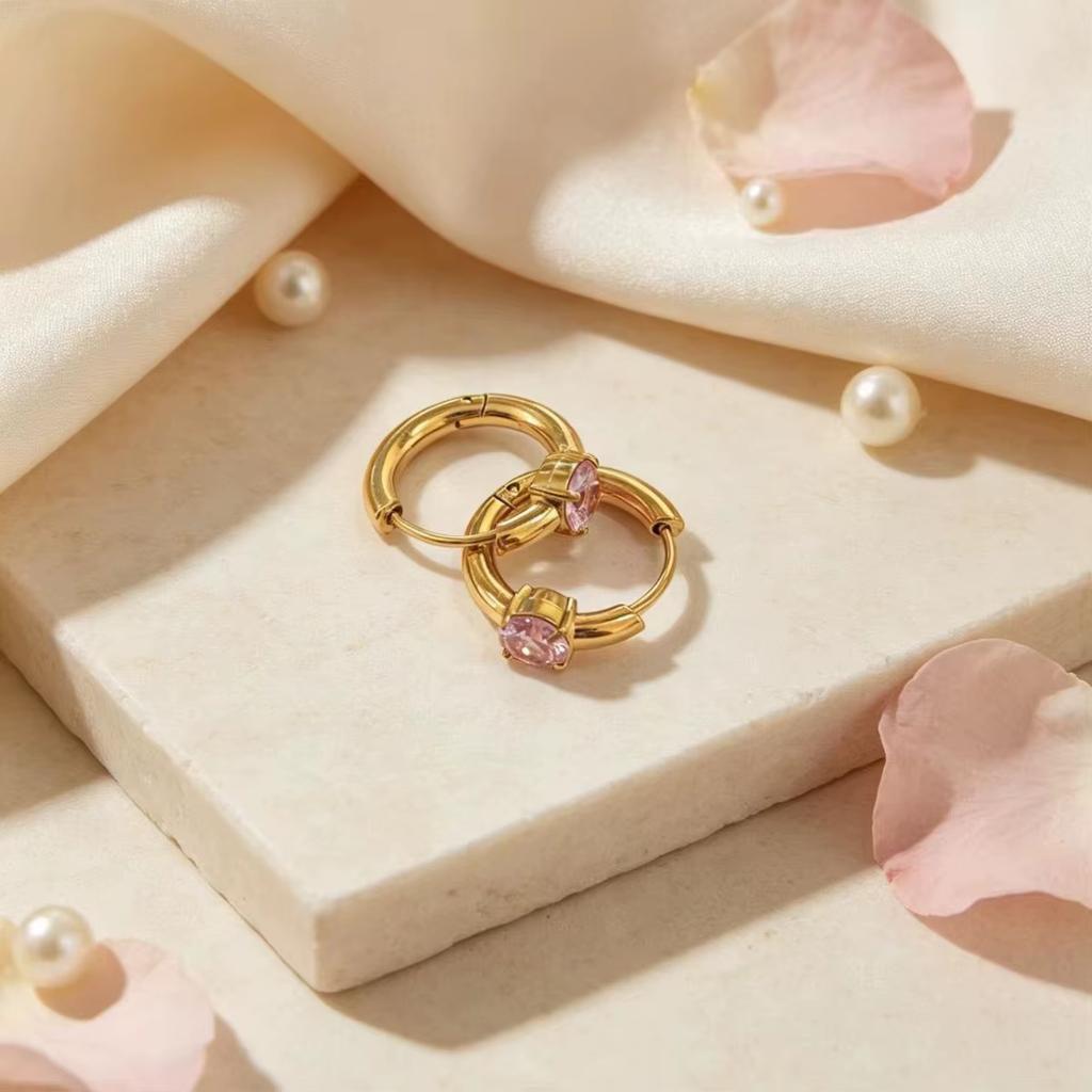 Huibao Trendy Stainless Steel Huggie Earrings 18K Gold Plated Round Cubic Zirconia Hoop Earrings Women Jewelry