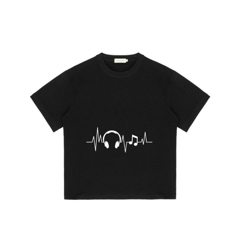 Black T Shirt with Headphones and Music Note Ecg Pattern for Casual Wear
