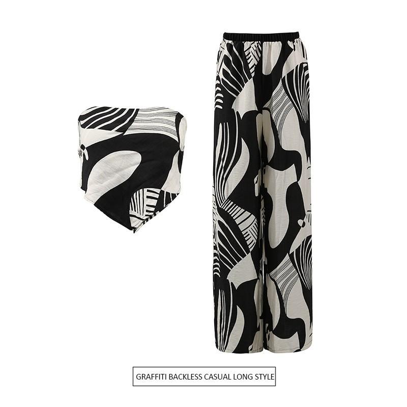 Sexy Hot Girl Style Tube Top Backless + Fashion Print Straight Pant Suit Women