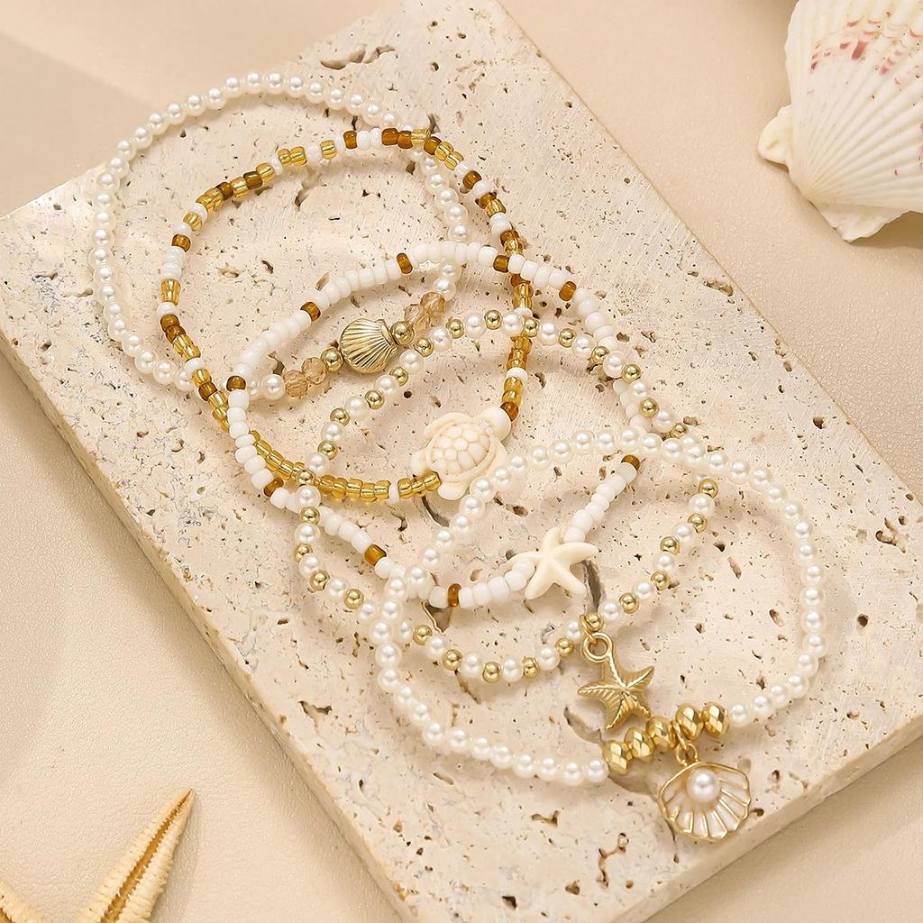5pcs/set Elegant Multi-layer Imitation Pearl Bracelet Starfish Shell Turtle Pendant Bracelet Women's Summer Party Dating Jewelry
