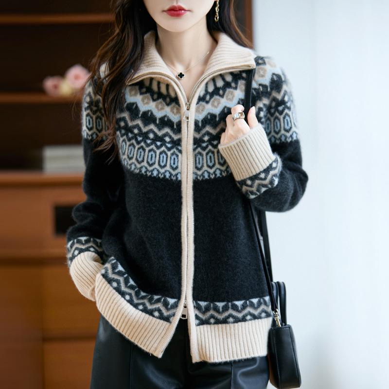 Cárdigan de Cachemira y Lana Fair Isle Otoño-Invierno para Mujer - Abrigo Grueso de Punto Suelto Jacquard