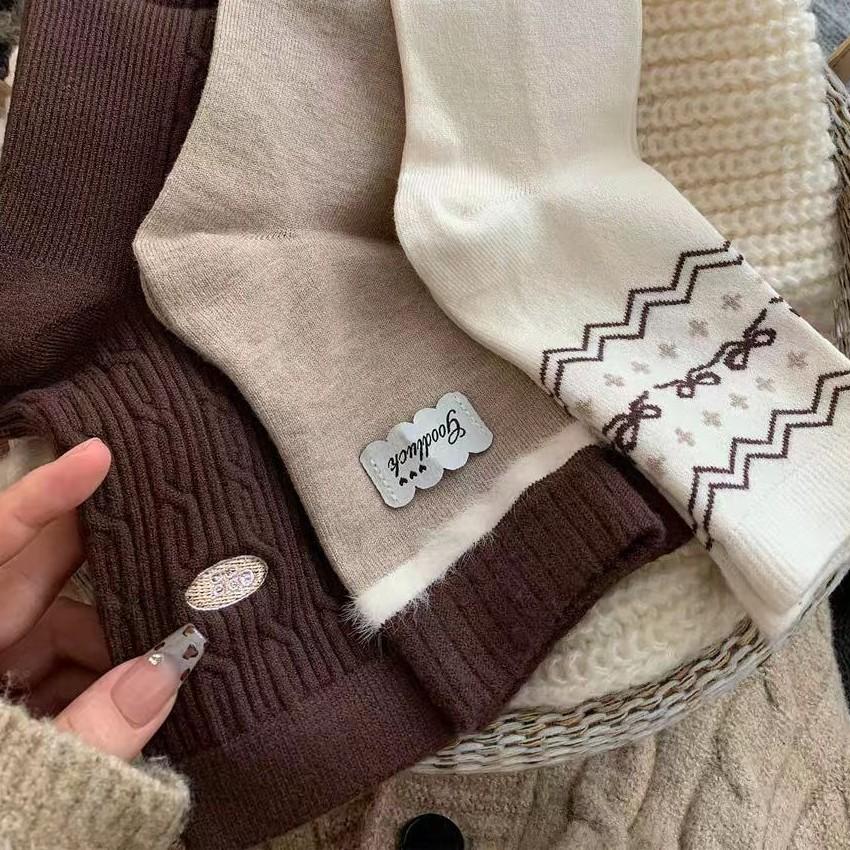 Early Autumn Coffee Striped Socks Children'S Medium Tube Socks Spring And Autumn Rabbit Velvet Maillard Thickened Thermal Stockings