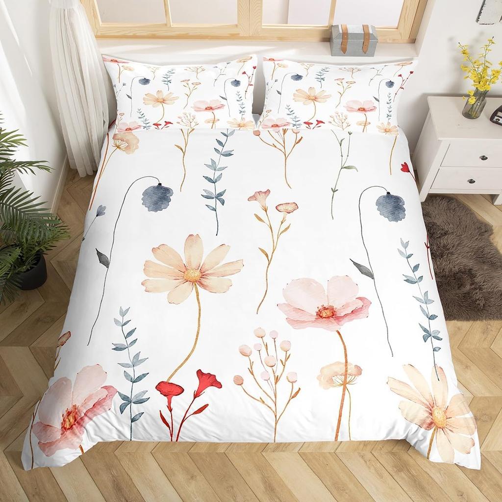 Watercolor Floral Down Duvet Cover Set Queen King Size Simple Pastoral Style Bedding Suitable for Kids Teens Adult Women 3 PCS