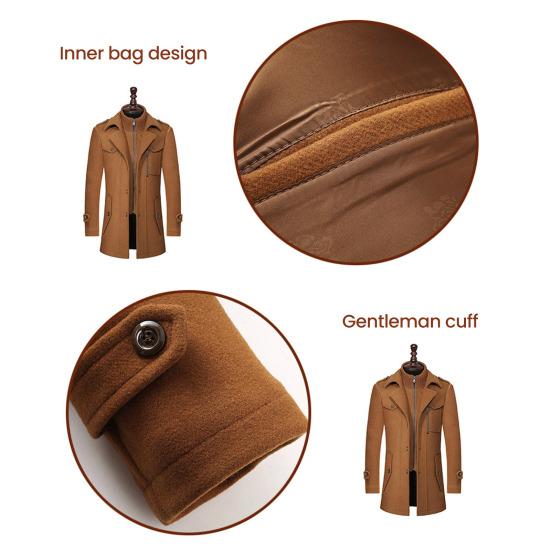 Men Woolen Coat Stand Collar Lapel Long Sleeve Solid Color Mid-length Business Coat Zipper Button Closure Work Windbreaker