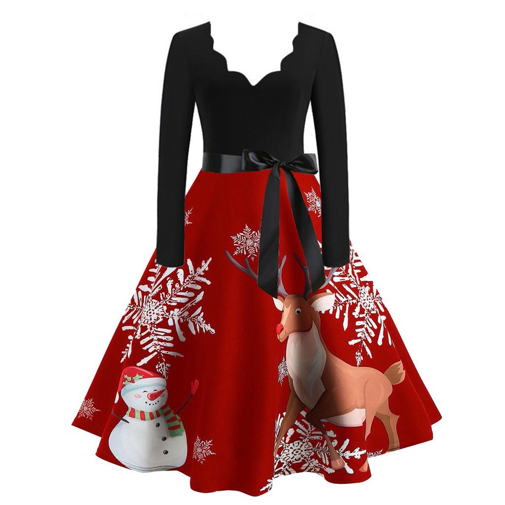 

Женщины с длинным рукавом Рождественские музыкальные ноты с принтом Vintage Flare Dress красный