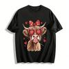 Valentine's Day Highland Cow Print Tee Heart Glasses Casual Top Pure Cotton T-shirt