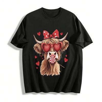 Valentine's Day Highland Cow Print Tee Heart Glasses Casual Top Pure Cotton T-shirt