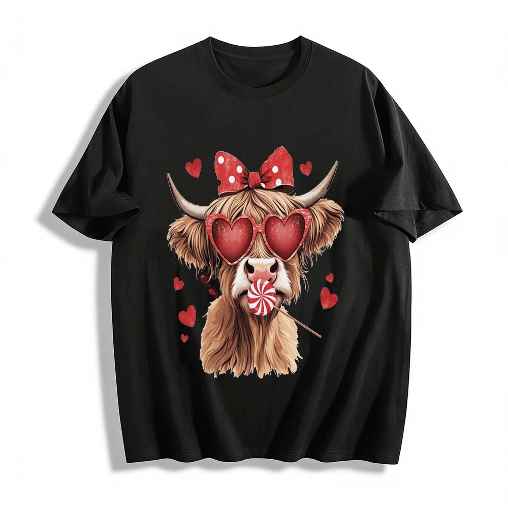 Valentine s Day Highland Cow Print Tee Heart Glasses Casual Top Pure cotton T-shirt XXS