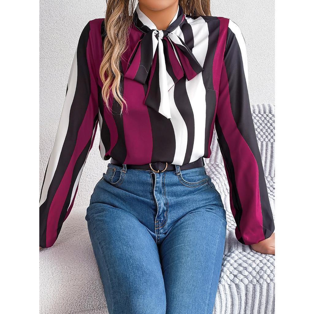 GMXIA Spring and Summer Stylish Contrasting Color Striped Tie Lantern Sleeve Chiffon Blouse for Women