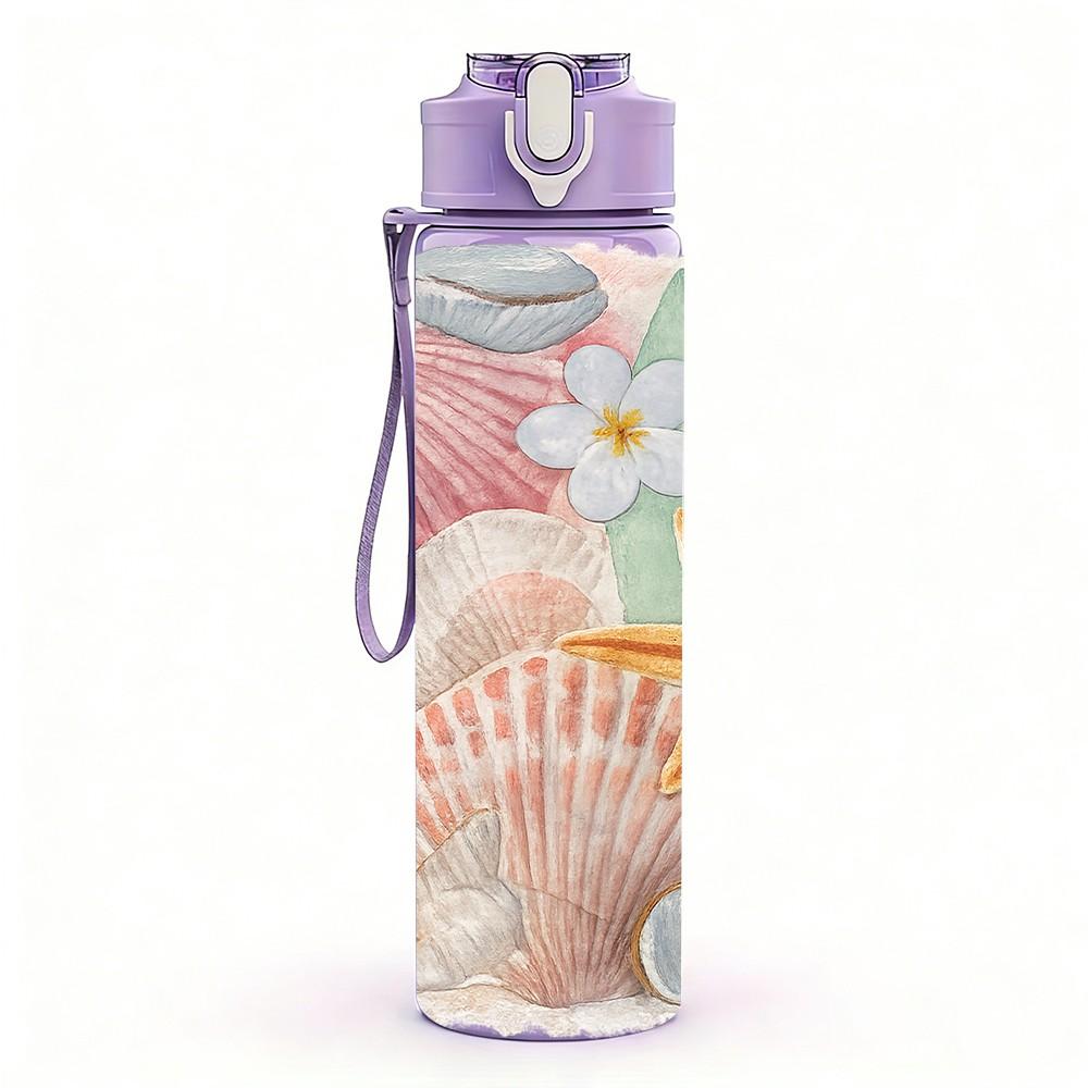 1PC Seashell Starfish Beach Ocean Print 750ml Color Plastic Sports Water Bottle Leakproof Flip Straw Lid Suitable for Sports Office Home Use