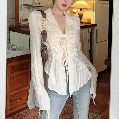 Fairycore Lace Up Bluse Frauen Langarm Neue Turn Down Kragen Shirts Feminina Damen Cropped Tops Korean Fashion Chic