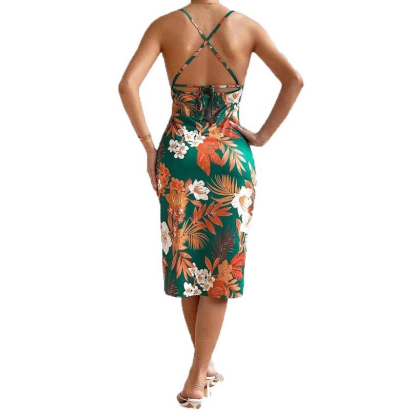 Western Style Summer New Sexy Sexy Sling Backless Lace-up Slim fit Slimming Big Flower Pattern Sleeveless Dress