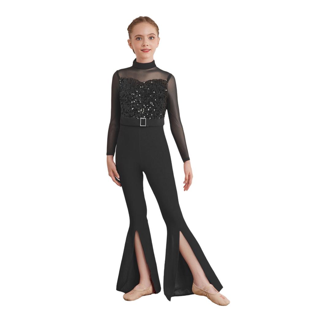 Girls Jazz Dance Costume Mock Neck Long Sleeve Cutout Back Sheer Mesh Sequins Bell Bottom Jumpsuit