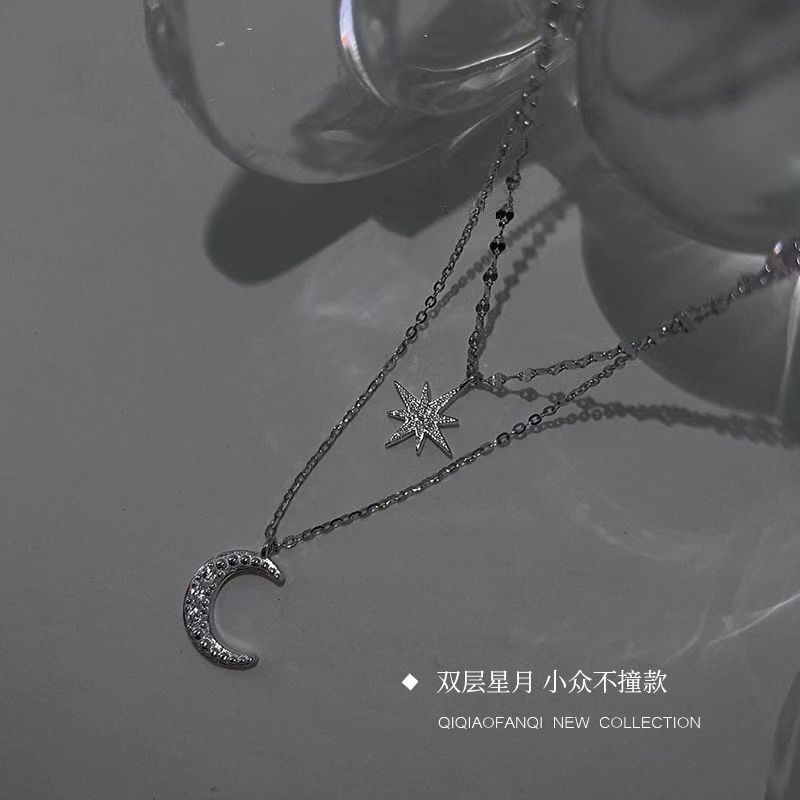 Zilveren flits diamant ster maan dubbele ketting niche dames sleutelbeenketting designgevoel lichte luxe nieuw