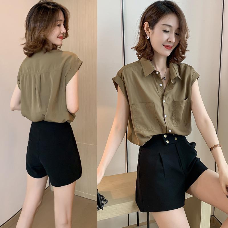 Дизайнерская женская летняя новая модная свободная приталенная рубашка M хаки