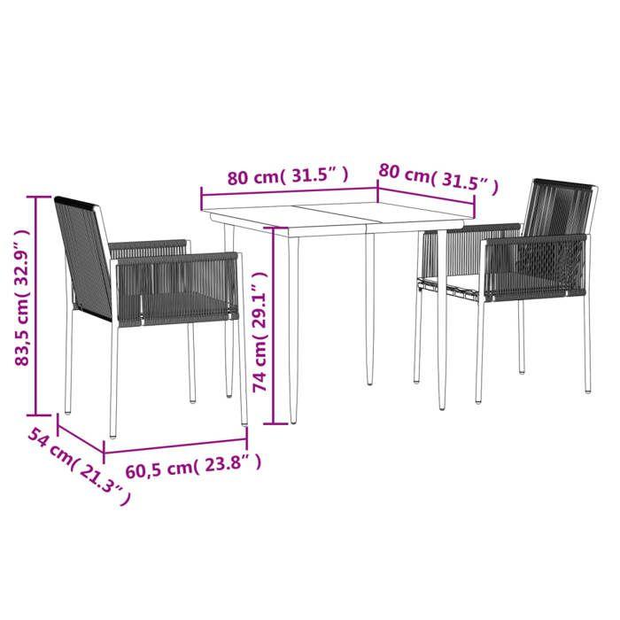 VidaXL Ensemble à manger de jardin coussins 3 pcs noir rotin et acier, ensemble à manger, ensemble à manger d'extérieur, 3187065