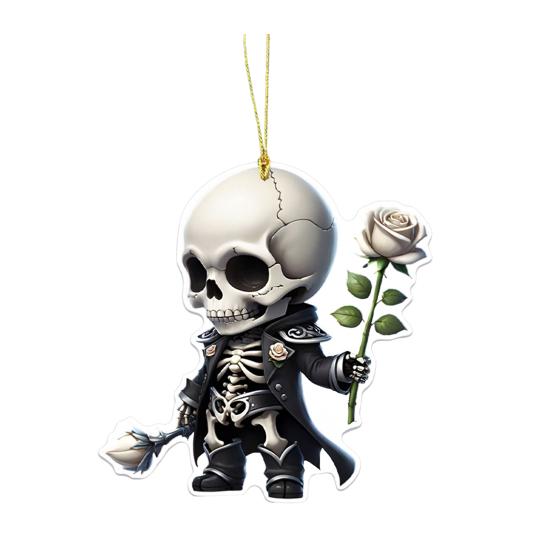 Skeleton Rose Pendant Car Rearview Mirror Ornament Acrylic 2D Bag Pendant Halloween Christmas Decoration Gift for Car Enthusiasts