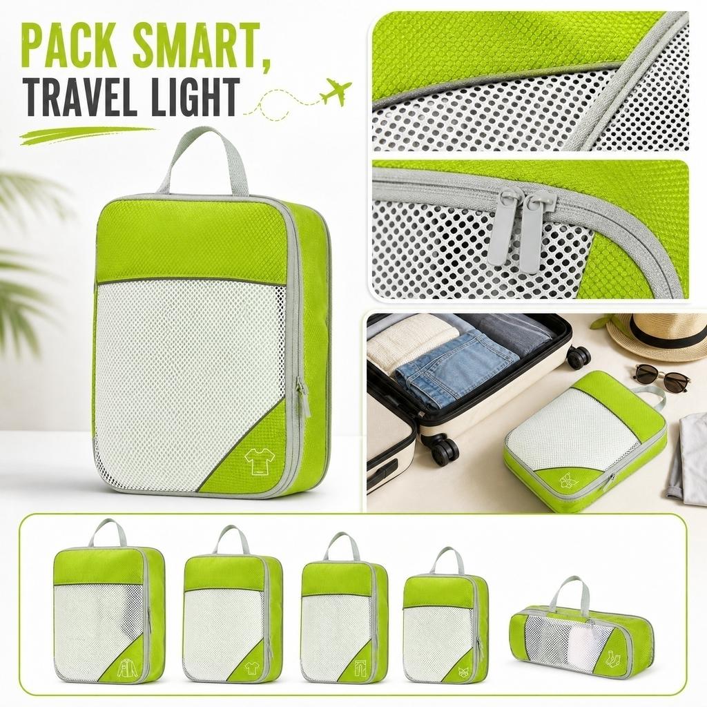 Travel Packing Cubes Set 5 Pieces Lightweight Durable Storage Organizers with Mesh Tops and Handles for Efficient Luggage Organization
