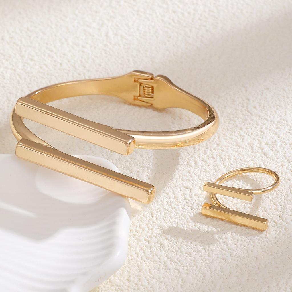 Geometric Bar Open Cuff Bracelet and Ring Set Minimalist Gold Tone Jewelry for Women