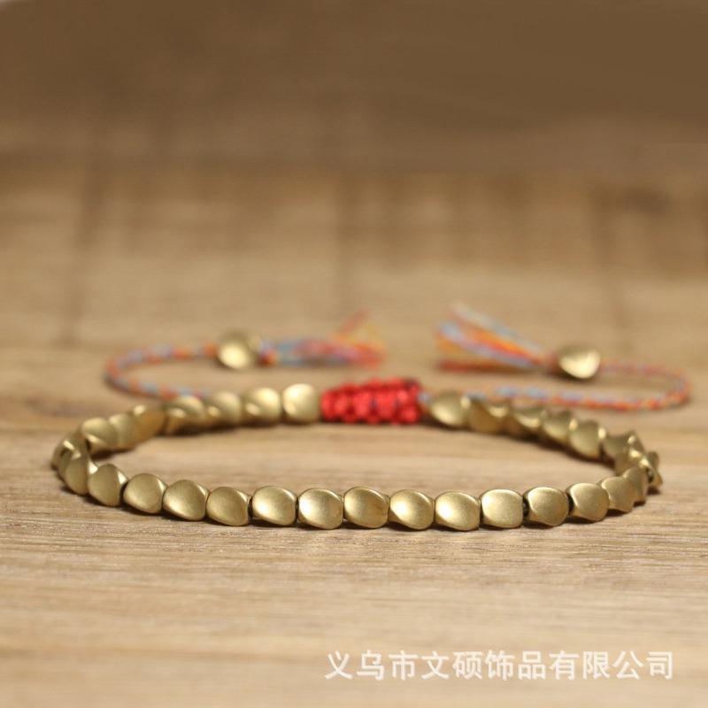 Matte Brass Teardrop Bead Bracelet – Red Knot Adjustable Boho Jewelry, Protection Luck Gift for Men & Women