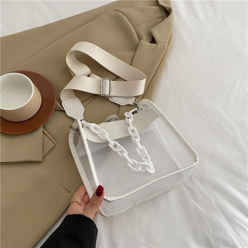 Stilvolle durchsichtige kleine quadratische Tasche für Damen in frischen Herbstfarben, ideal für den täglichen Gebrauch