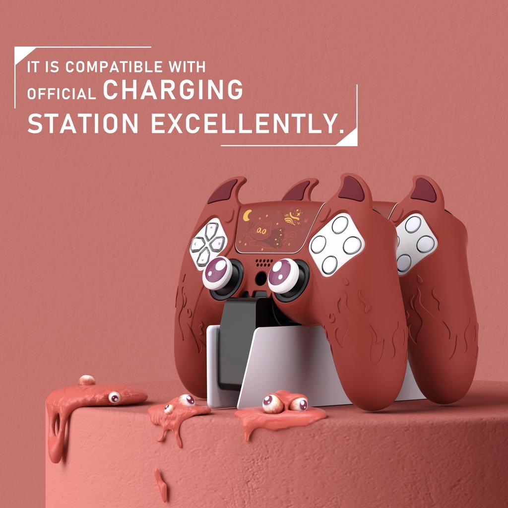 PlayVital Silikonový kryt pro PS5 Roztomilý kryt na ovladač Ochranná kůže s krytkami na palcové páčky Samolepky na touchpad Ovladač, (Demon Style) & [Hluboký