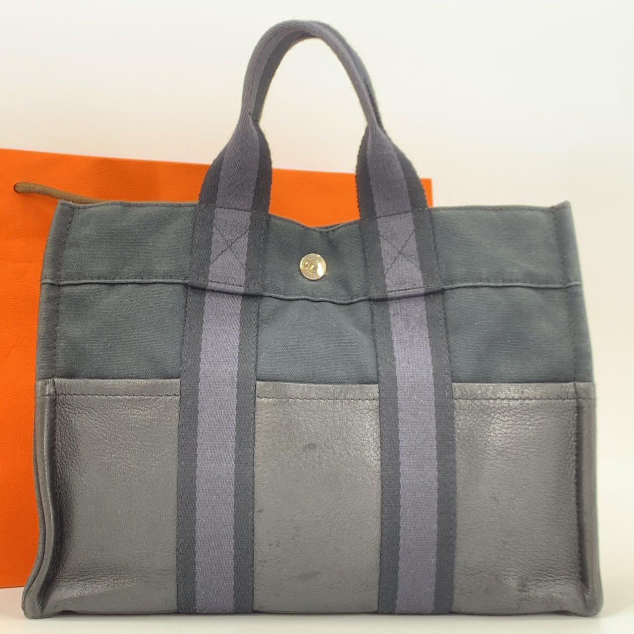 

HERMES Fourre Tout PM Half Leather Canvas Handbag Tote Bag Black Navy Gray Grey