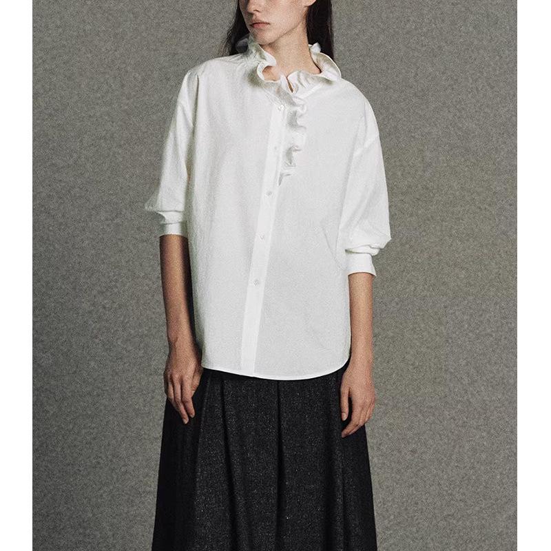 Elegant French Wood Ear Collar White Cotton Long Sleeve Women's Shirt - 2026 Early Spring Collection