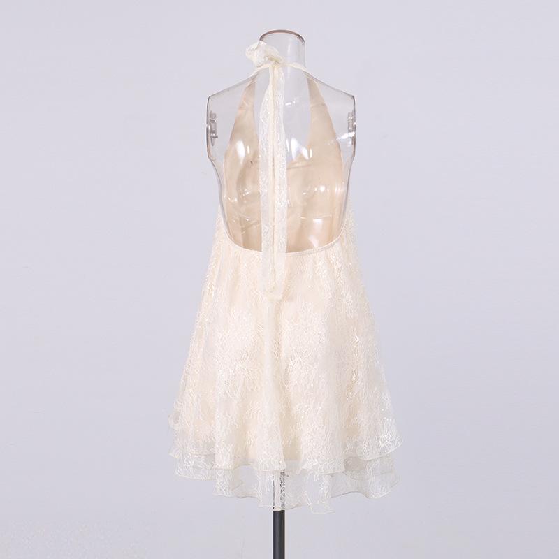 Elegant and sophisticated lace embroidered halter loose wide hem backless short dress, new summer women's dress