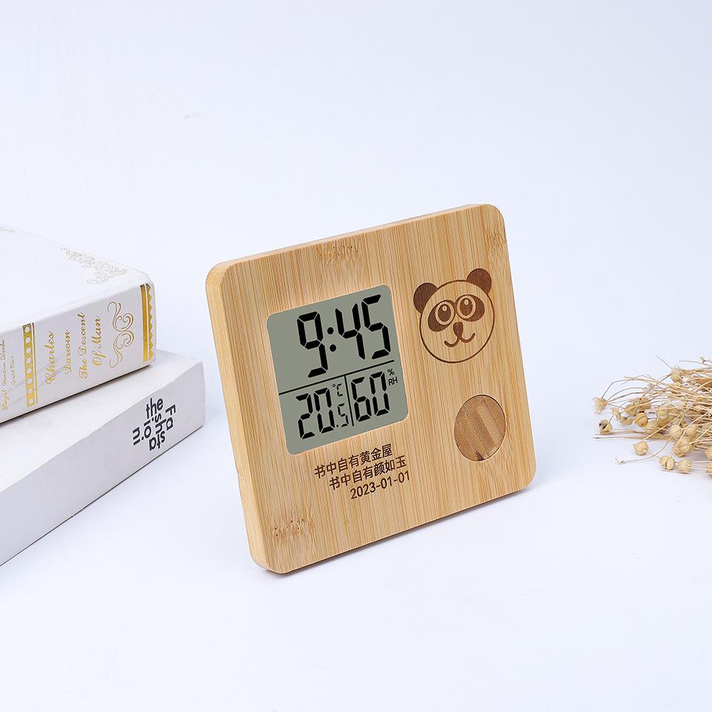 Pure Bamboo and Wood Temperature and Humidity Electronic Clock, Small and Cute Panda Digital Alarm Clock, Three-dimensional Desktop Ornament