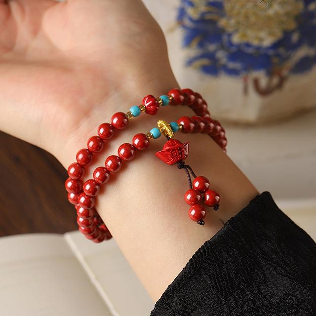 Natural Cinnabar Bracelet with Imperial Yuanbao Pendant - Single or Double Loop for Men and Women