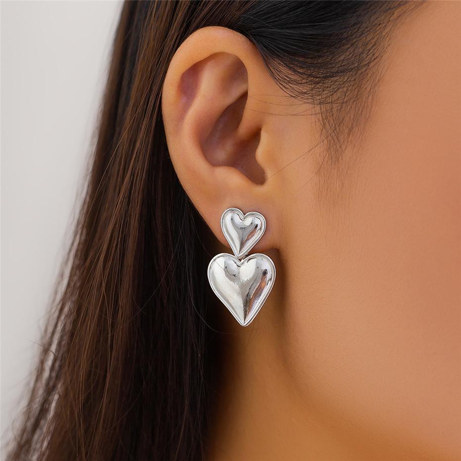 Punk Elegant Double Love Heart Drop Earrings for Women Gold Color Glossy Smooth Metal Hanging Piercing Earrings Friends Jewelry