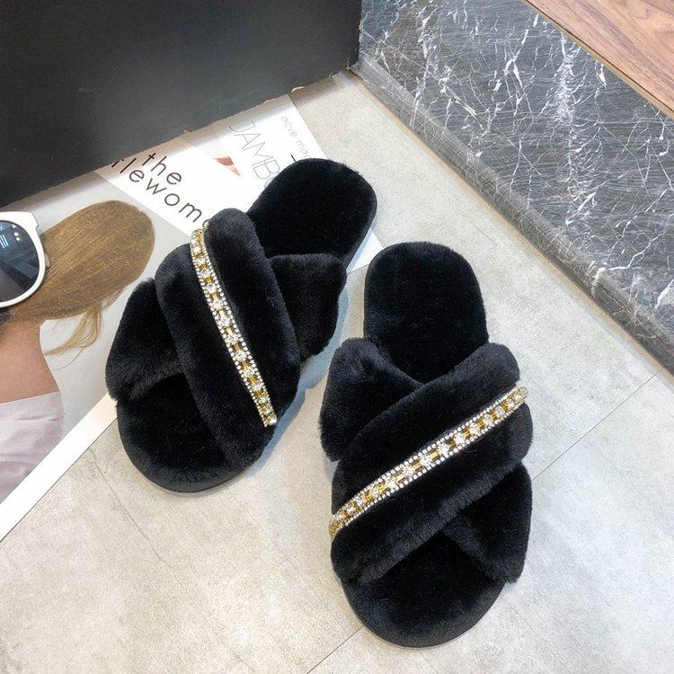 Mao Mao Slippers Cross Chain 2020 Autumn and Winter New Korean Version Flat Bottom Warm Indoor Cotton Mop Fashion Plush Shoes
