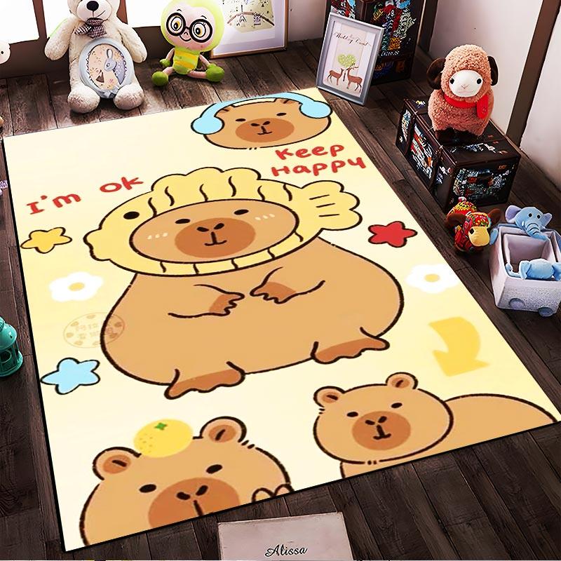Cute Bear Pattern Carpet with Inspirational Text "Keep Happy", Beige Background Suitable for Use As an Anti-slip for Living Room Bedroom Sofas