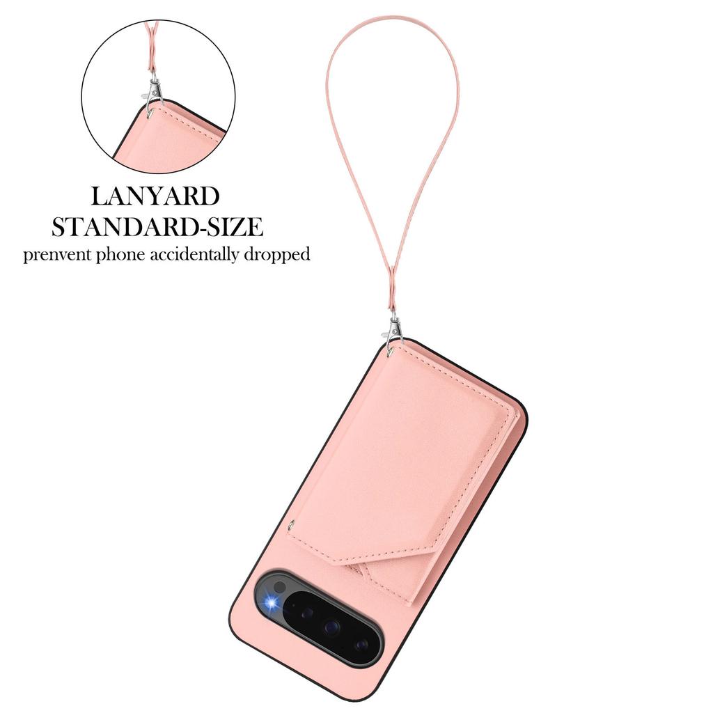 For Google Pixel 10 Pro XL Case Card Holder Kickstand Skin-Touch Phone Cover with Wrist Strap