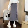 New 2025 Chinese Style Knitted Half Length Skirt for Autumn Winter, High Waist Skinny Look Split Mid Length Pan Buckle Female